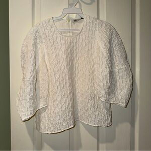Zara White Textured Balloon-Sleeve Blouse